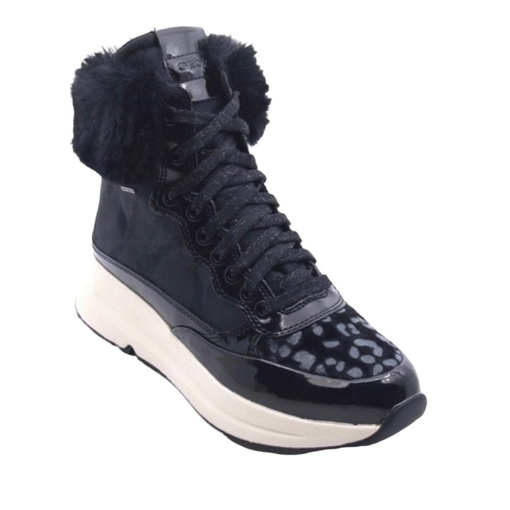 Geox Backsie Amphibiox Winter Boots Animal Print Faux Fur Black Size 7.5 Lace Up